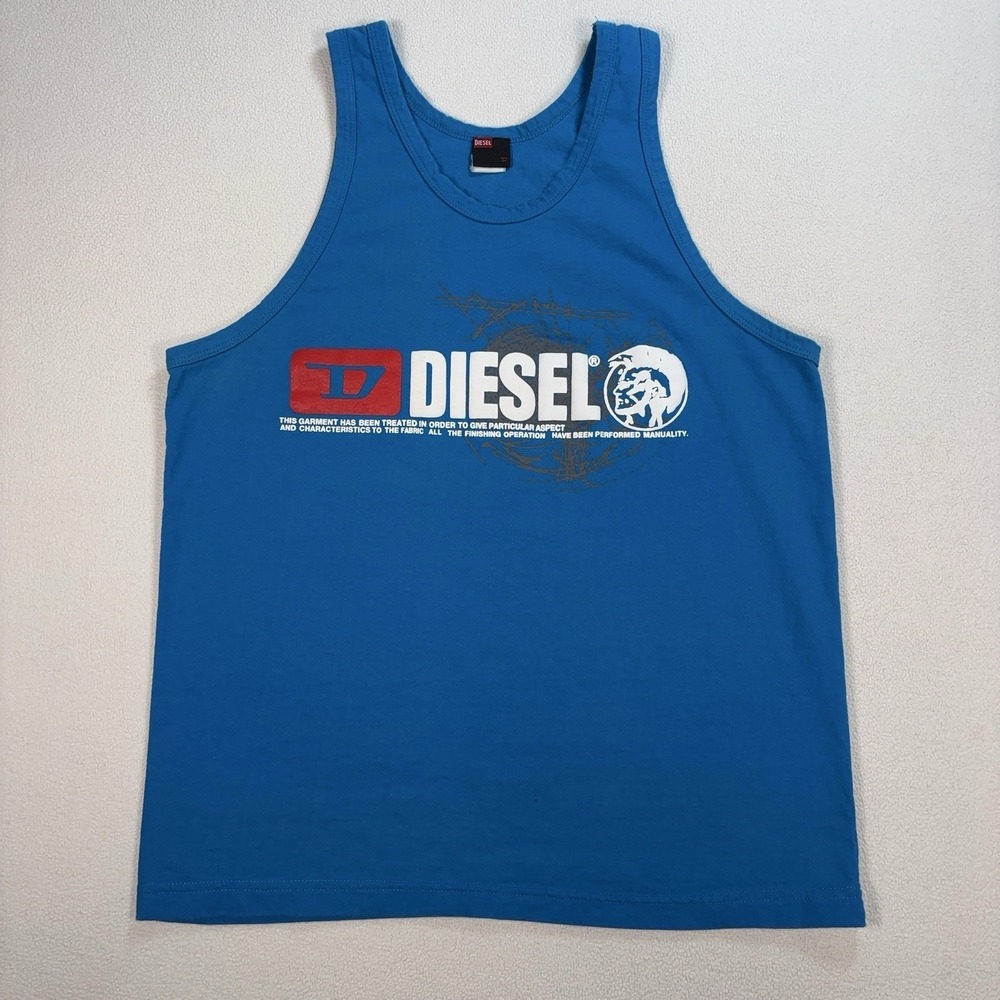 Diesel Tank Top Men's M* Blue 100% Cotton Spellout Graphic Print Y2K *HOLE*